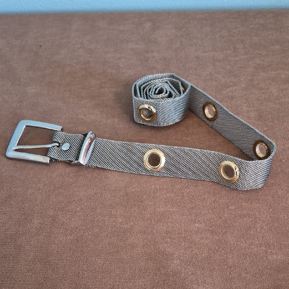 Silver Gold Tone Mesh Grommet Belt Metal 47 Inch Adjustable